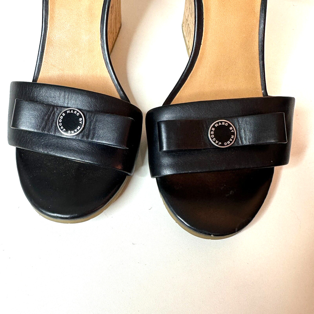 Marc by Marc Jacobs Black Leather & Cork Wedge Ankle Strap Sandals Silver 7.5 - Picture 4 of 11